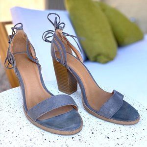 Blue Suede Ankle-tie Block Heels, Size 9 US